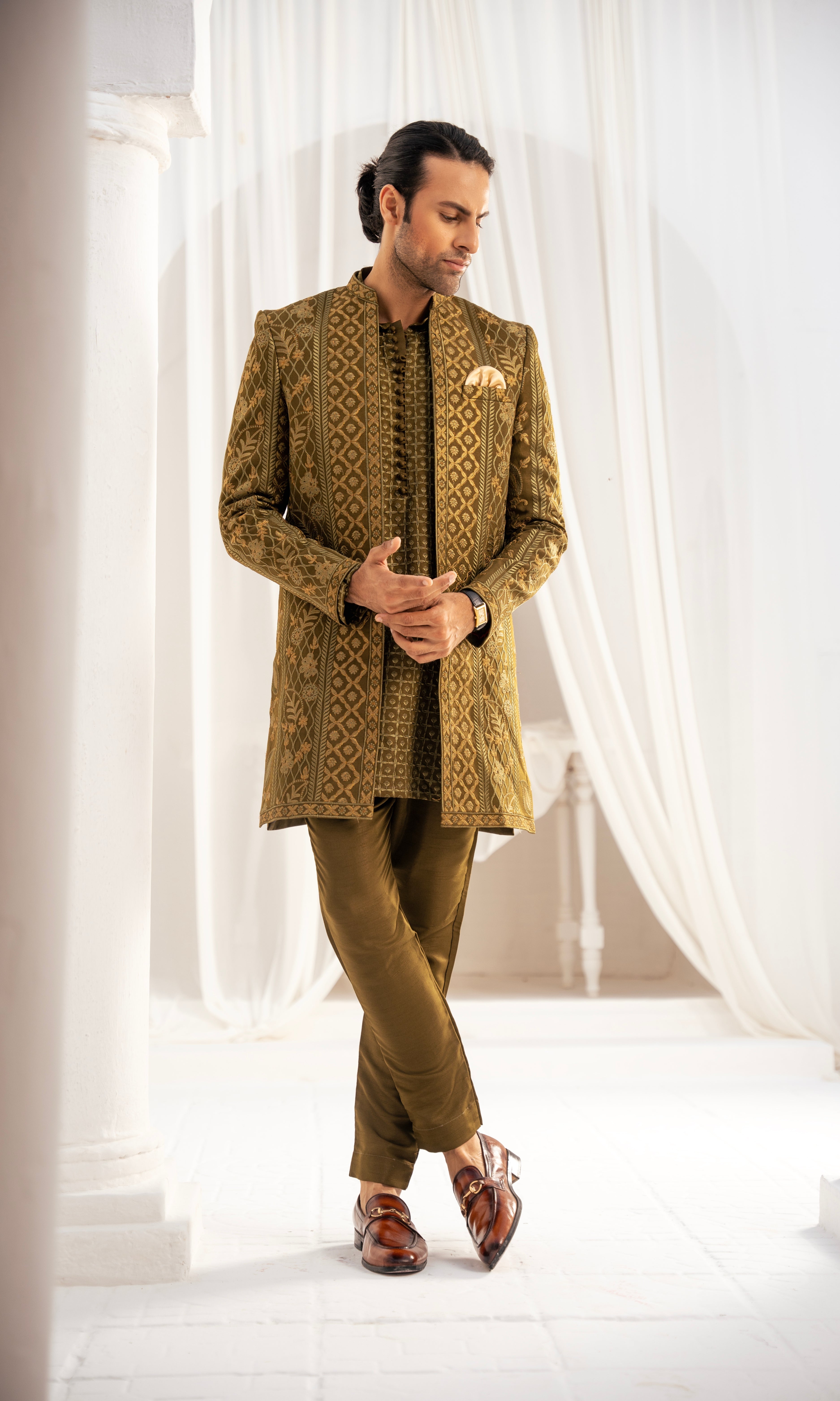 ER PC 3004 Achkan Fusion Olive Short Sherwani Prince coat