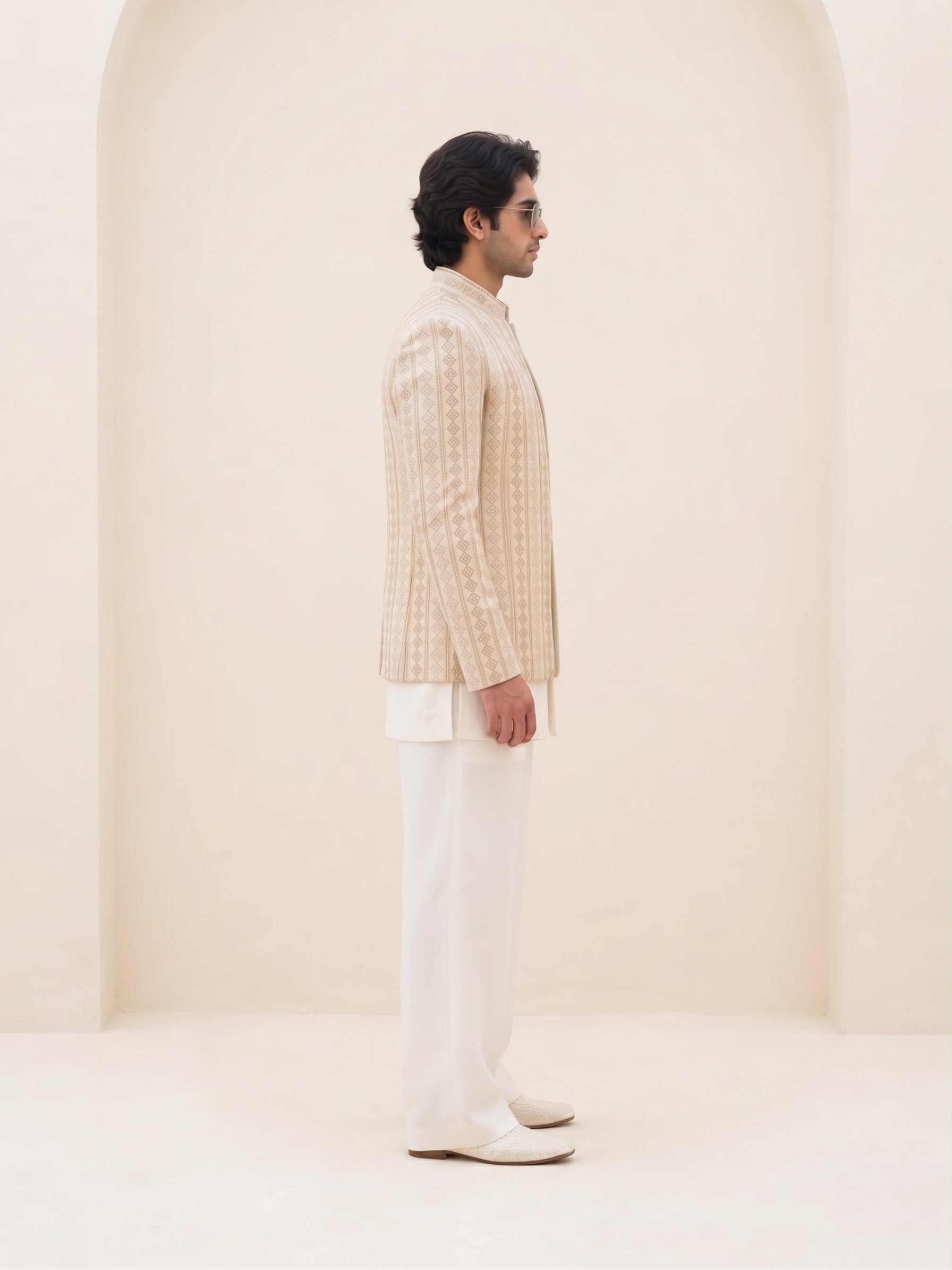 ER 3028 Ivory Embroidered Front Open Prince Coat with Kurta & Trousers Set