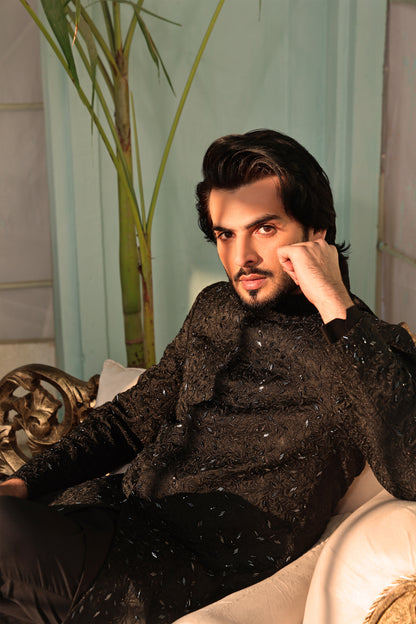 ER SH 110 Black Hand Work Sherwani For Groom