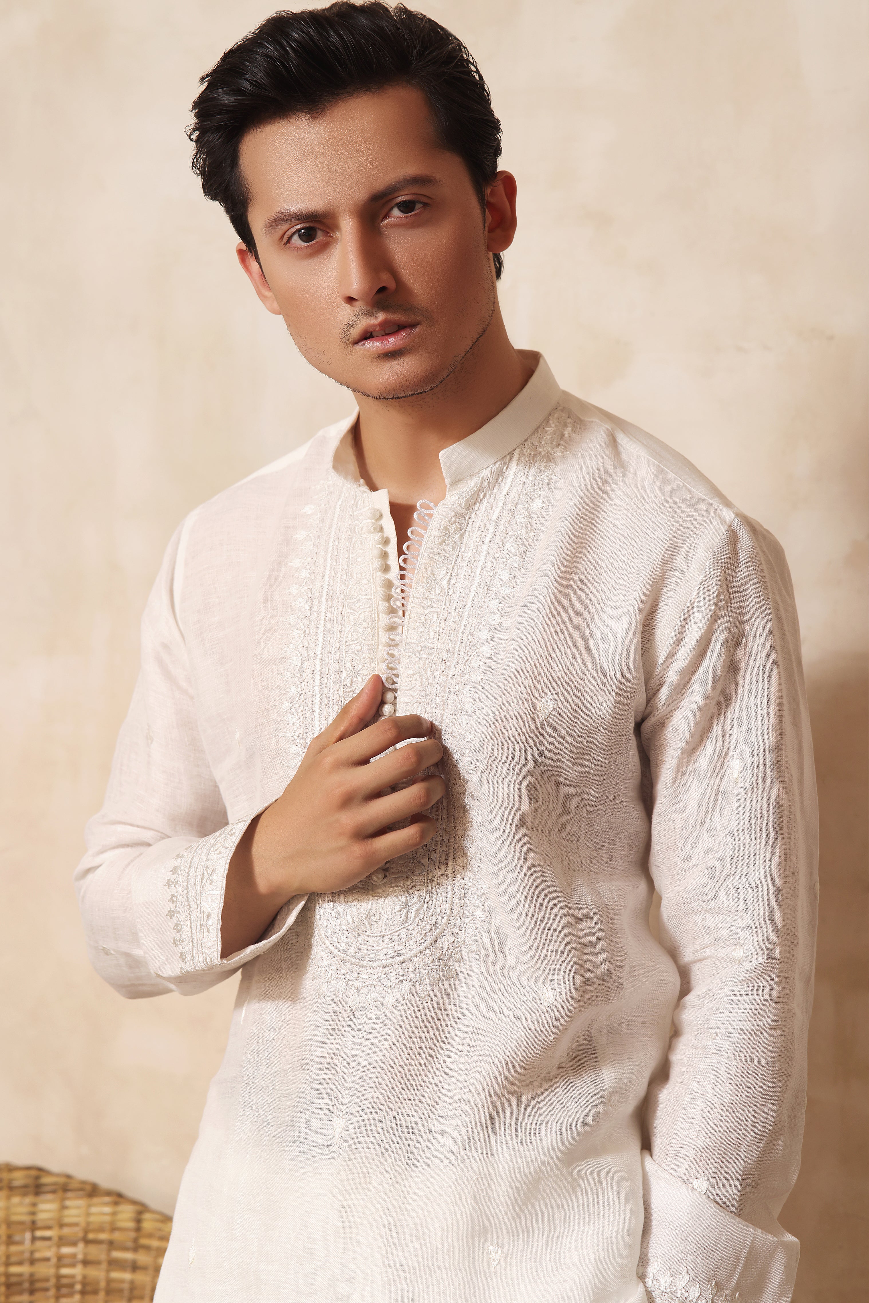 ER KH 656 Off White cotton Irish kurta and pajama set, with heavily embroidered placket and embroidered band collar