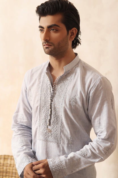 ER KH 659 Sky blue cotton Irish kurta and pajama set, with heavily embroidered placket and embroidered band collar