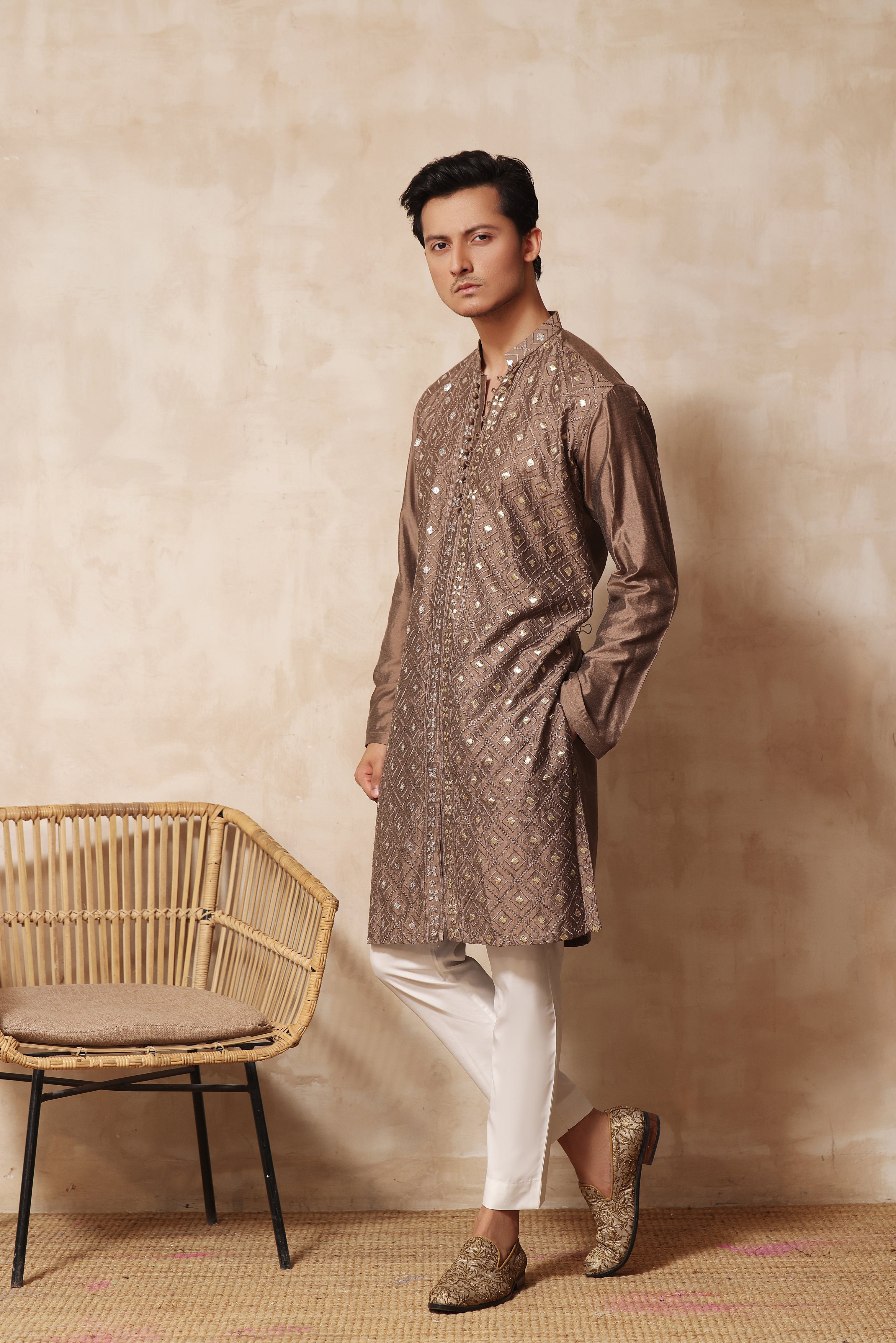 ER KH 652 Fawn Brown Cotton Silk Resham and Mirror Embroidery Kurta pajama For Men