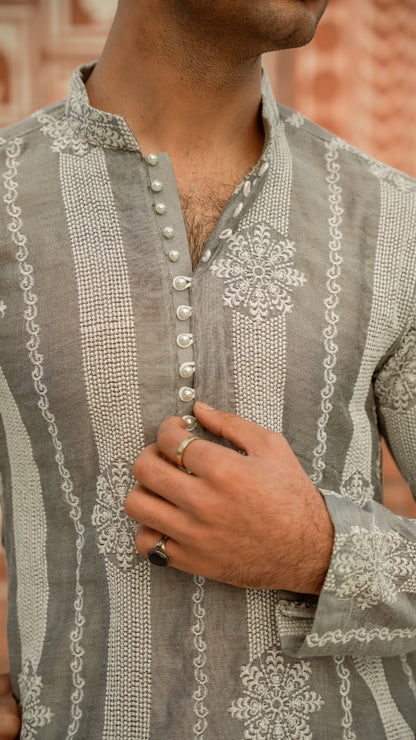 CK 738 Gray Chikankari Embroidered Kurta For Men