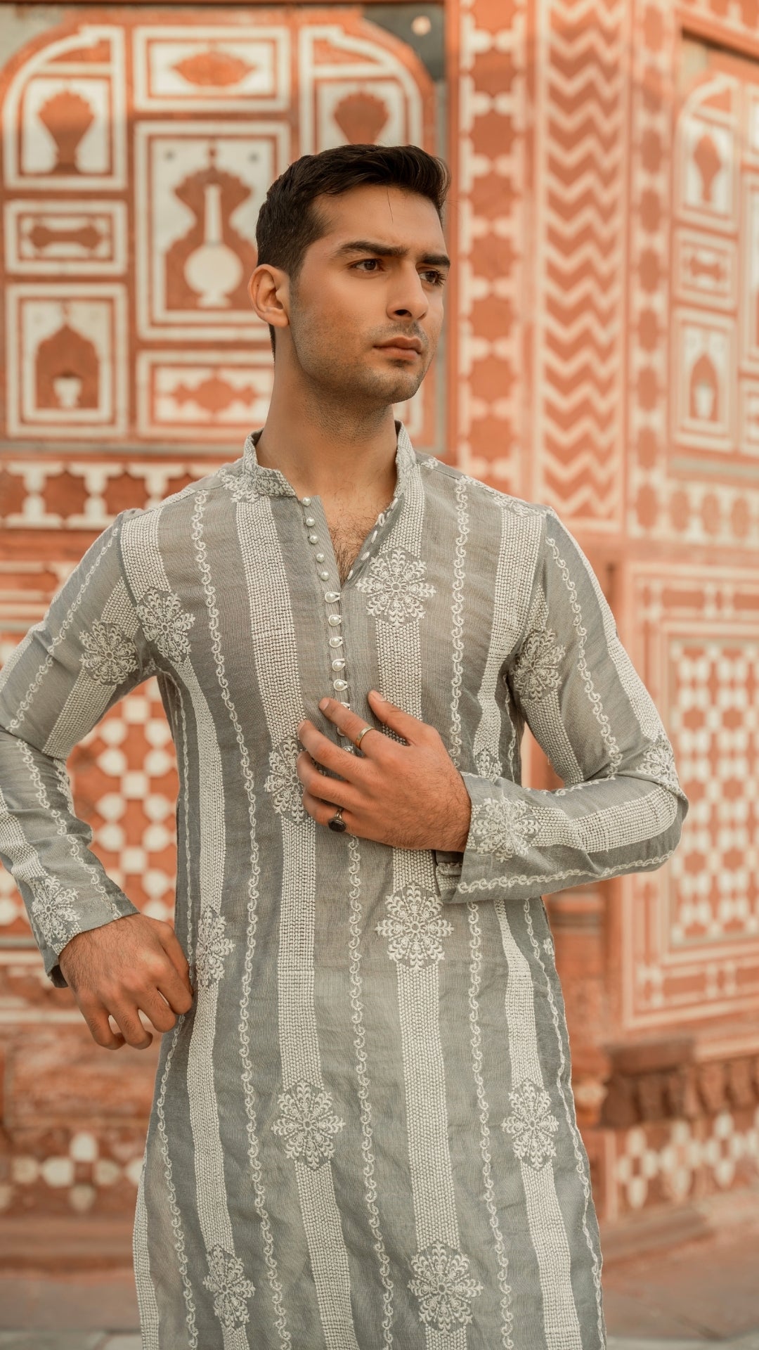 CK 738 Gray Chikankari Embroidered Kurta For Men