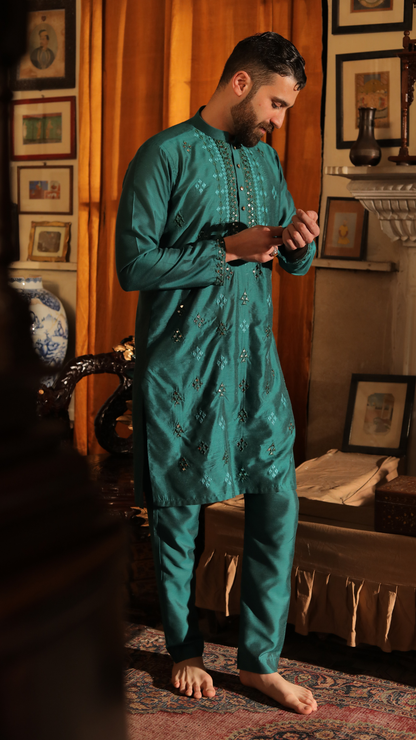 MR 66 Green Mirror Work Kurta For Groom