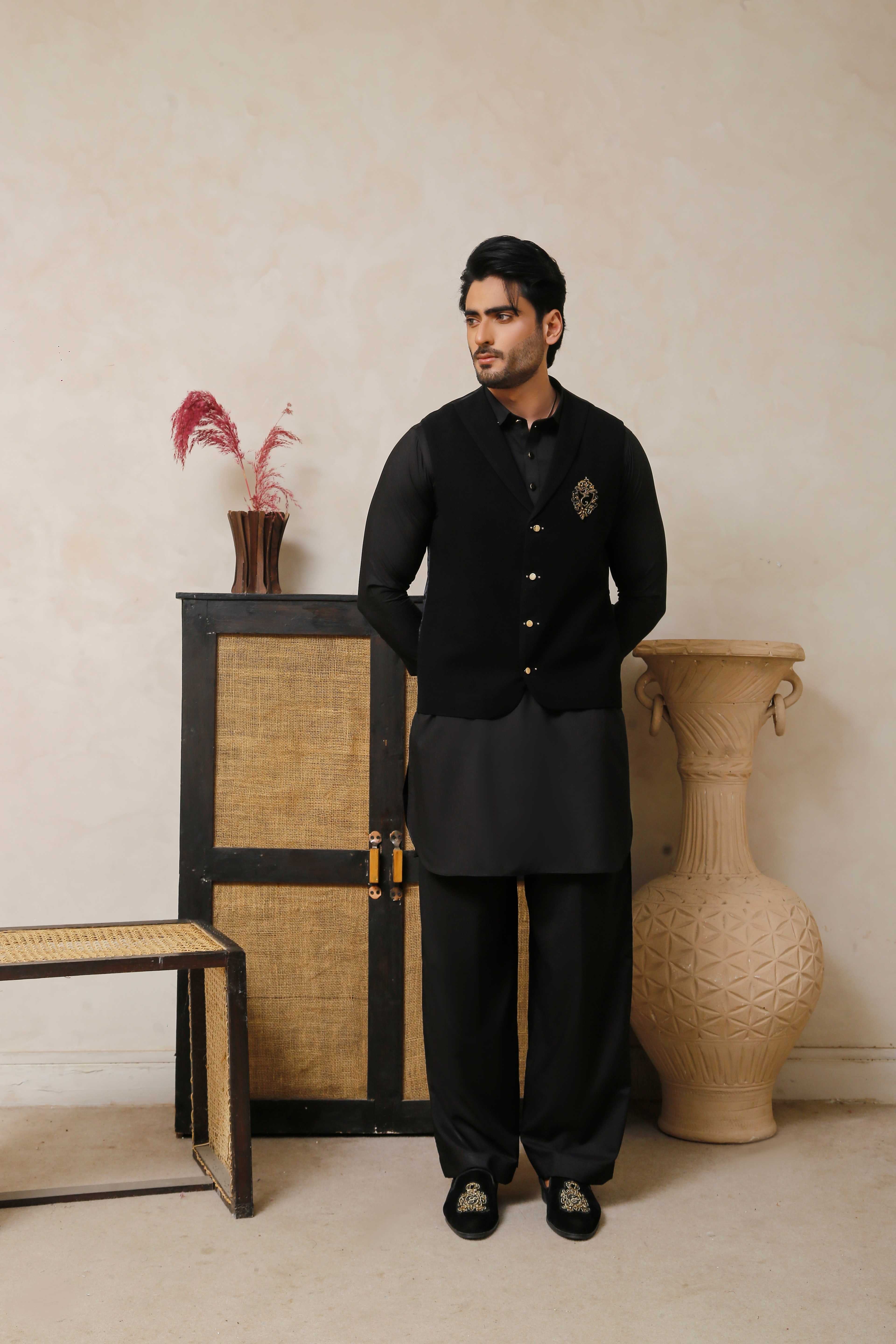 ER 798 Jet Black Executive Shalwar Kameez And WaistCoat