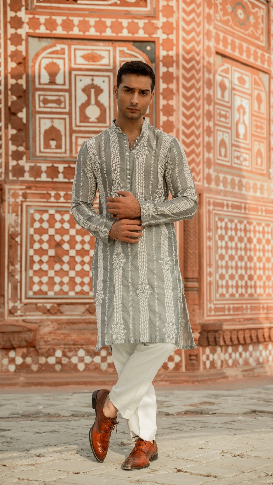 CK 738 Gray Chikankari Embroidered Kurta For Men