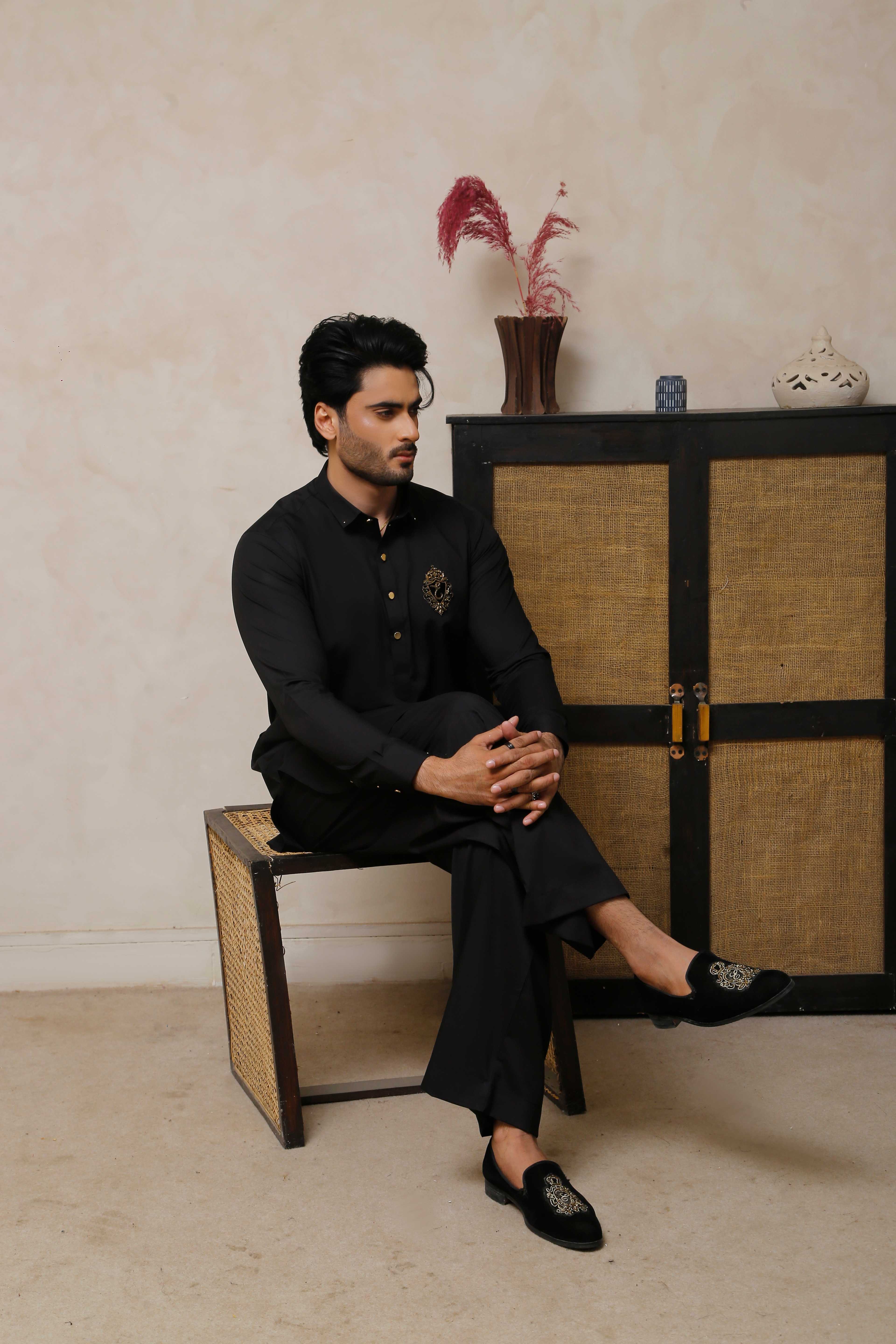 ER 798 Jet Black Executive Shalwar Kameez And WaistCoat