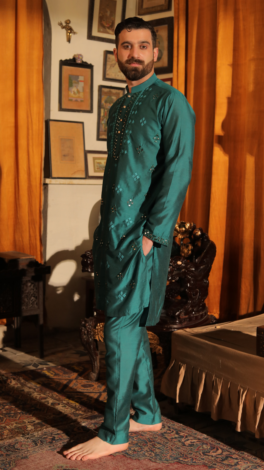 MR 66 Green Mirror Work Kurta For Groom