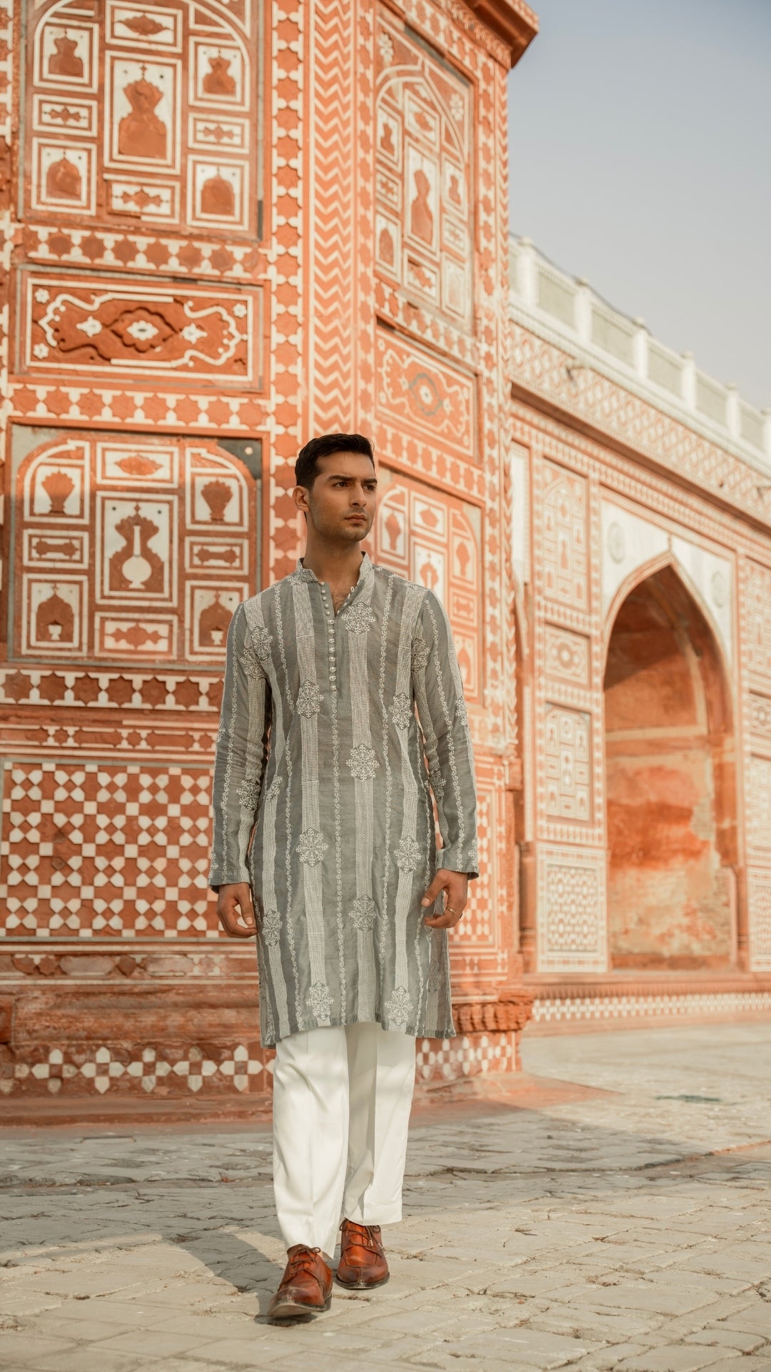 CK 738 Gray Chikankari Embroidered Kurta For Men