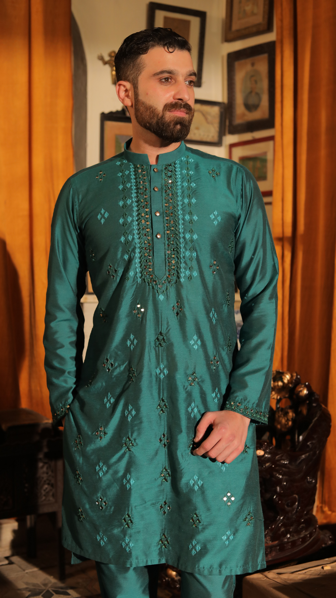 MR 66 Green Mirror Work Kurta For Groom