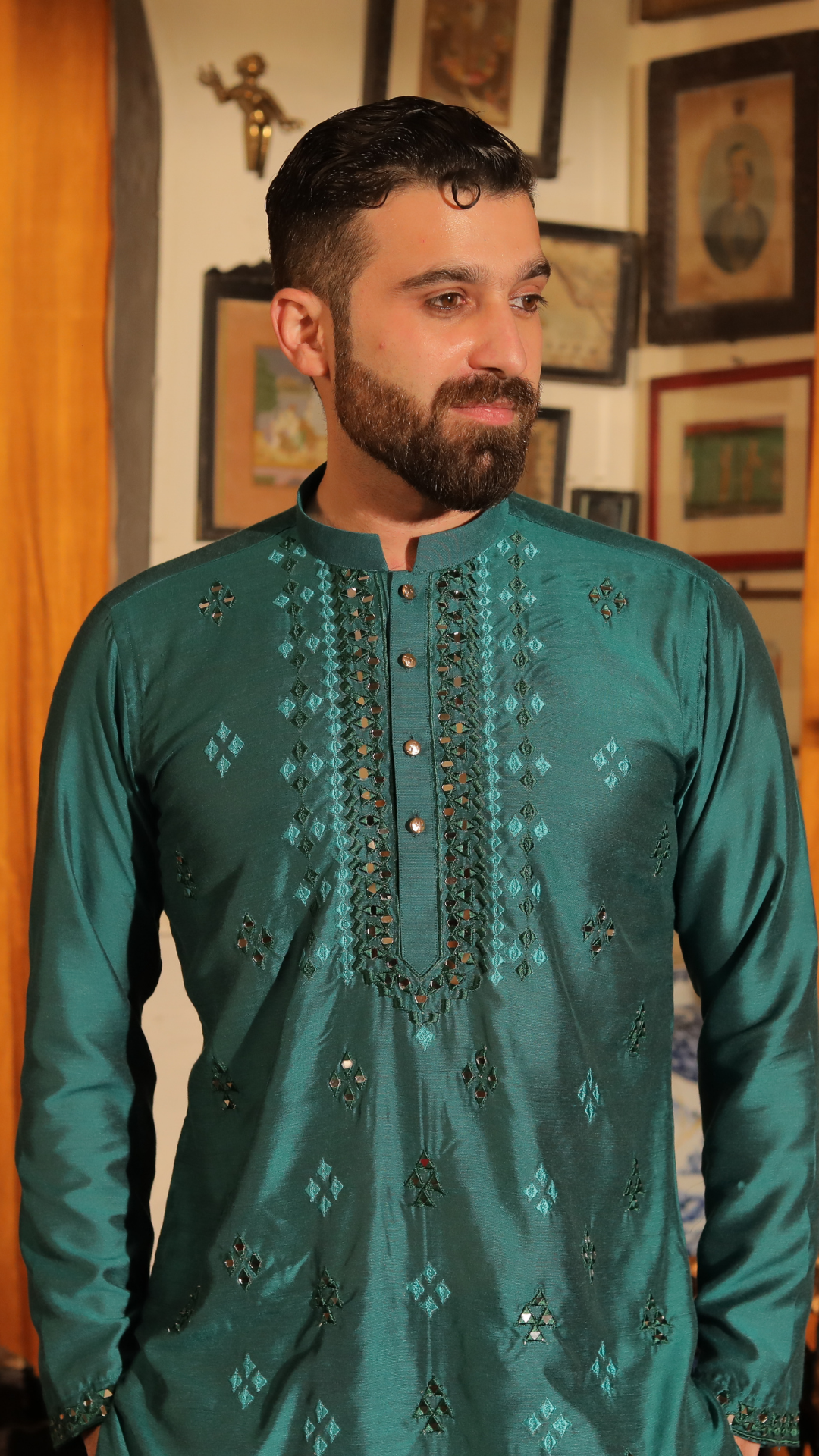 MR 66 Green Mirror Work Kurta For Groom