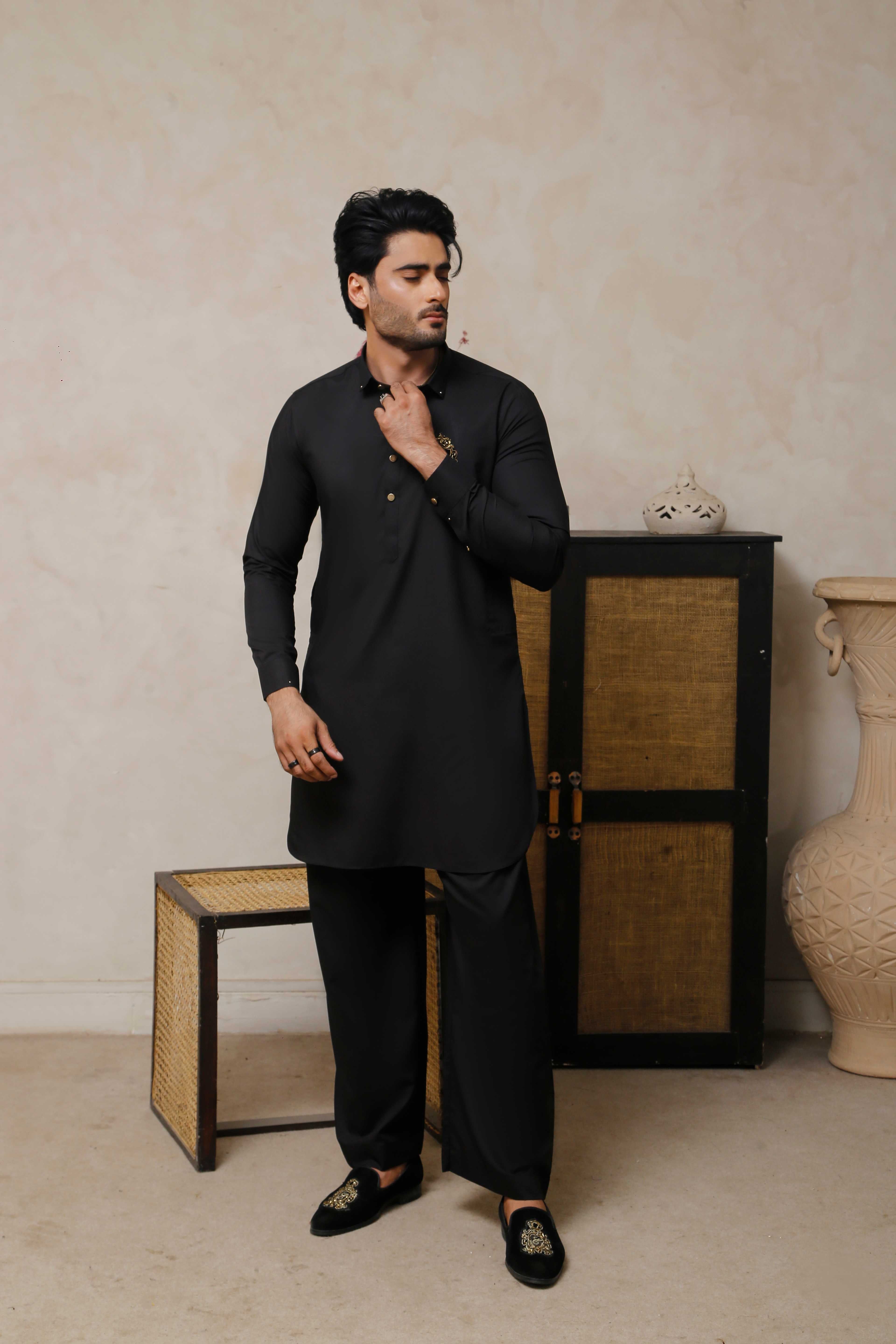 ER 798 Jet Black Executive Shalwar Kameez And WaistCoat