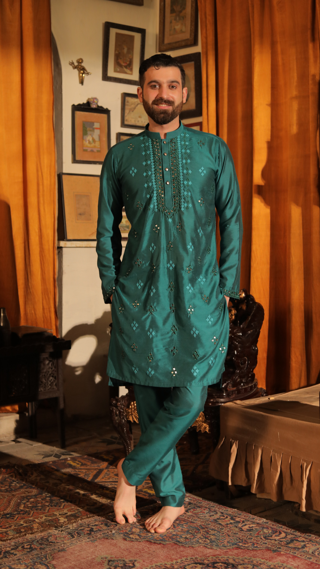 MR 66 Green Mirror Work Kurta For Groom