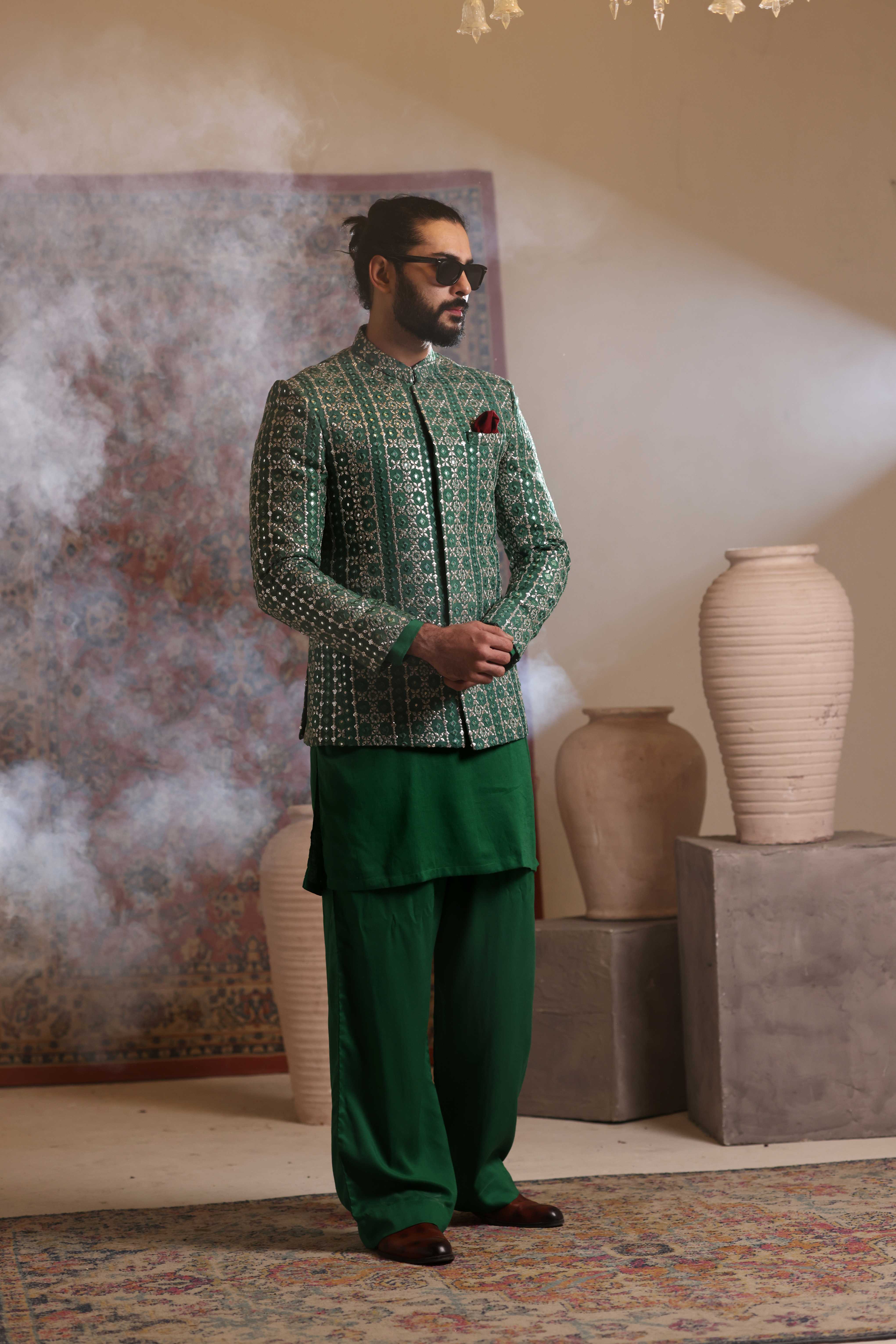 ER 3022 Green Foil Work Prince Coat