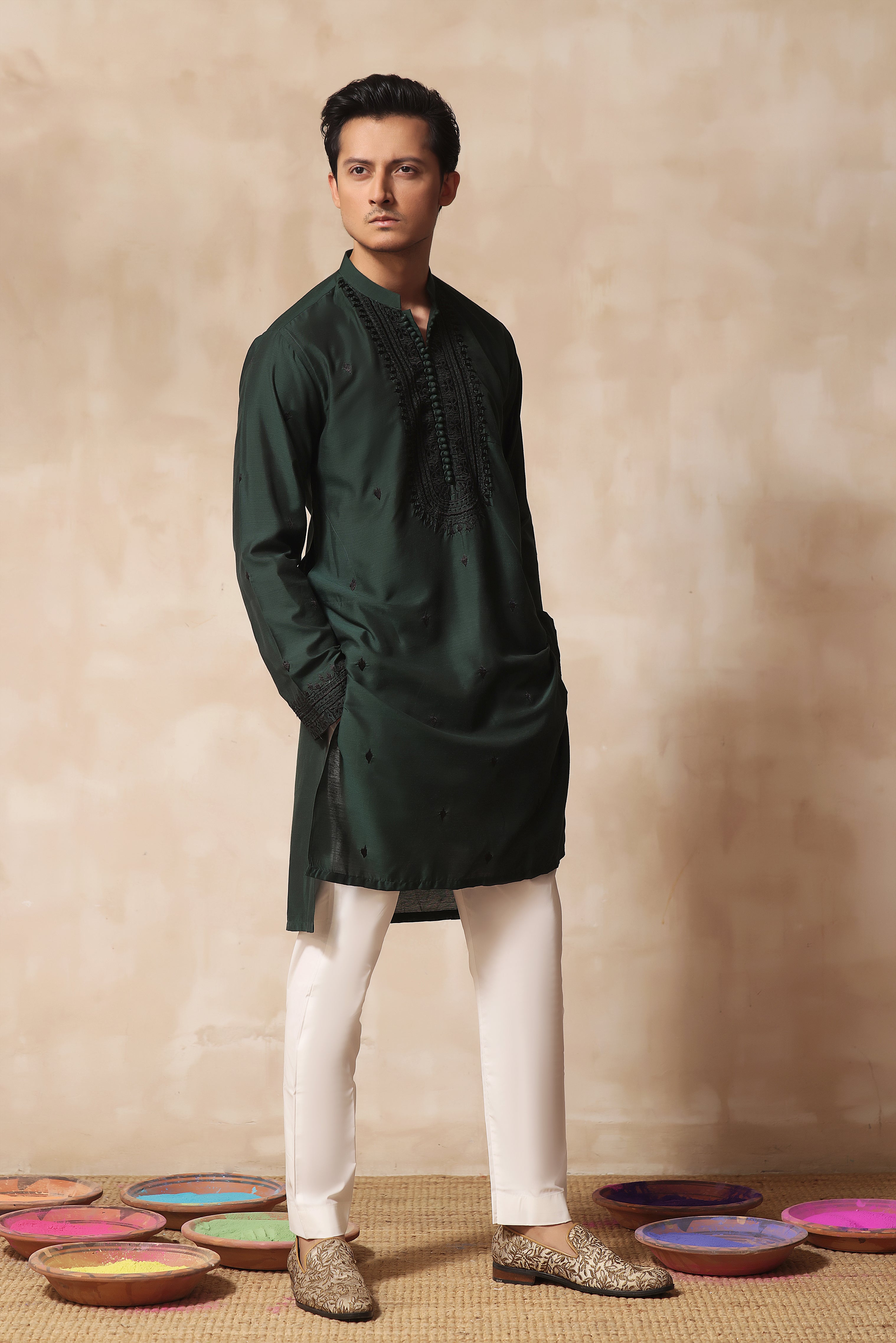 ER KH 653 Green Hand Crafted Cotton Silk kurta Pajama For Men