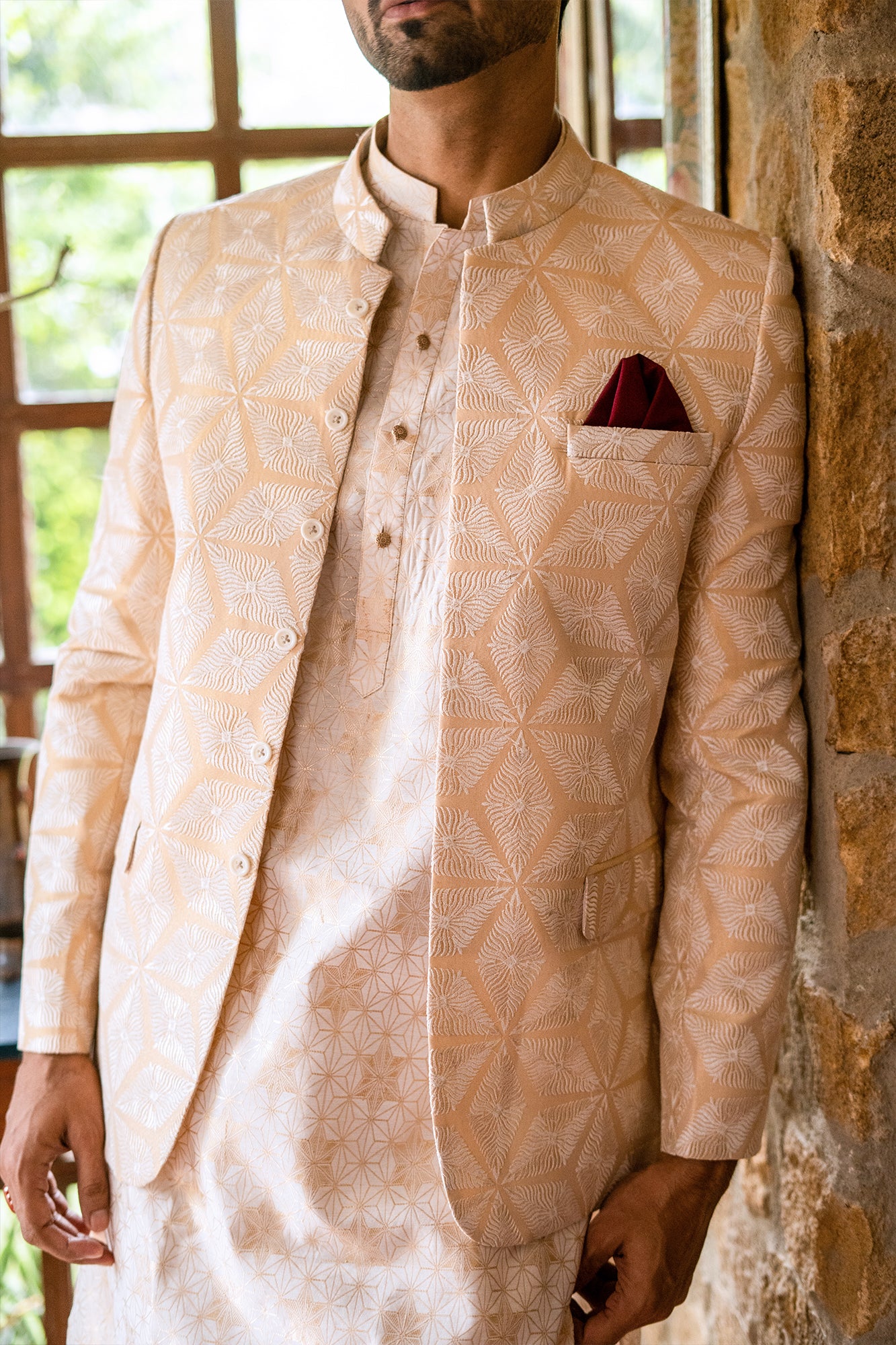 ER 2075 White and Beige Gold Embroided Prince Coat For men