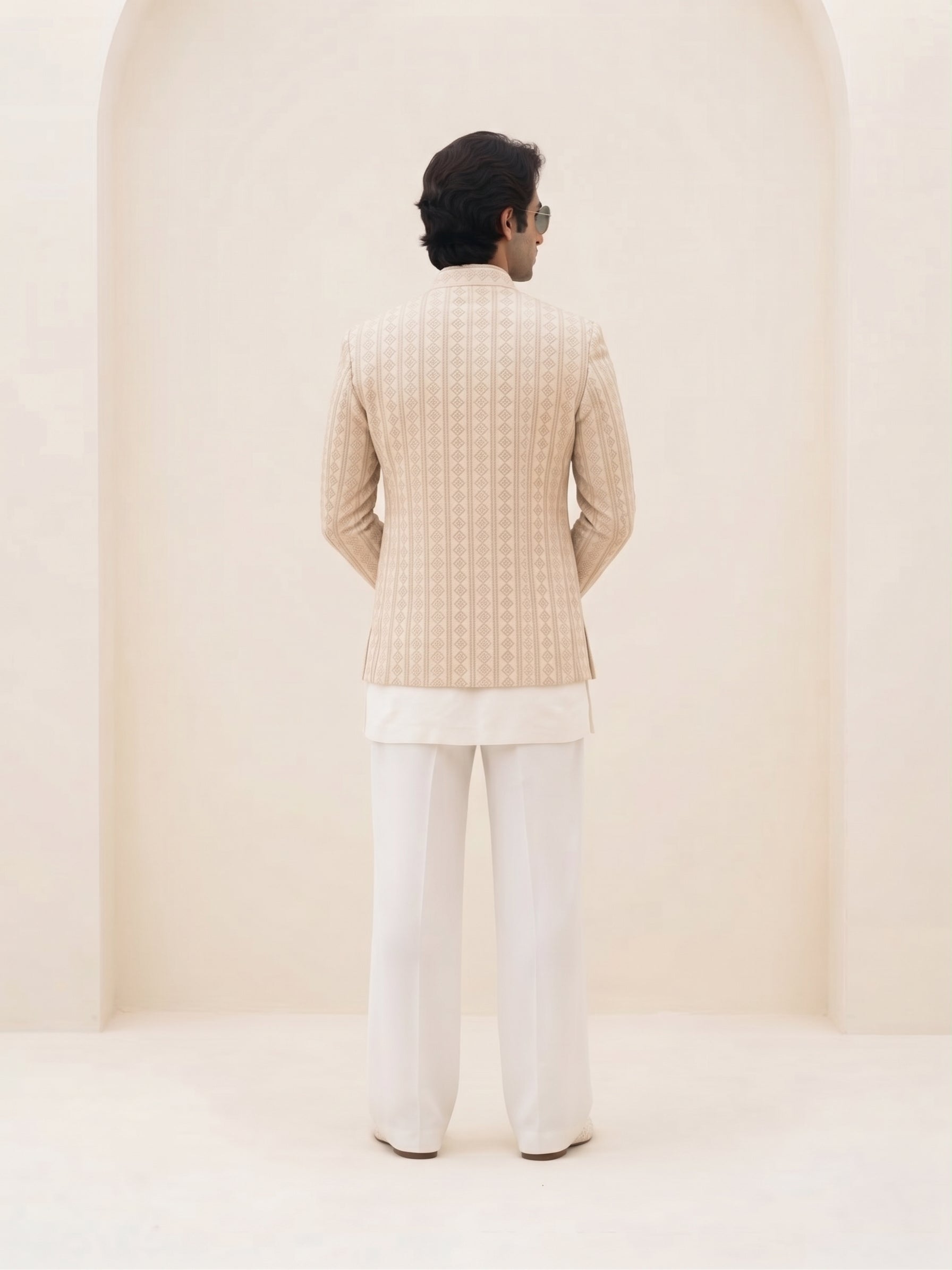 ER 3028 Ivory Embroidered Front Open Prince Coat with Kurta & Trousers Set
