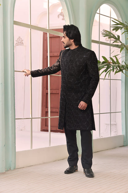 ER SH 105 Black Hand Work Sherwani For Groom