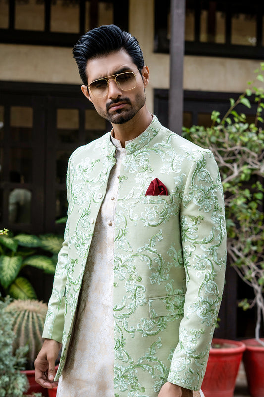 ER 2077 Pastel Lime Green Prince Coat For Men mashalcouture.com