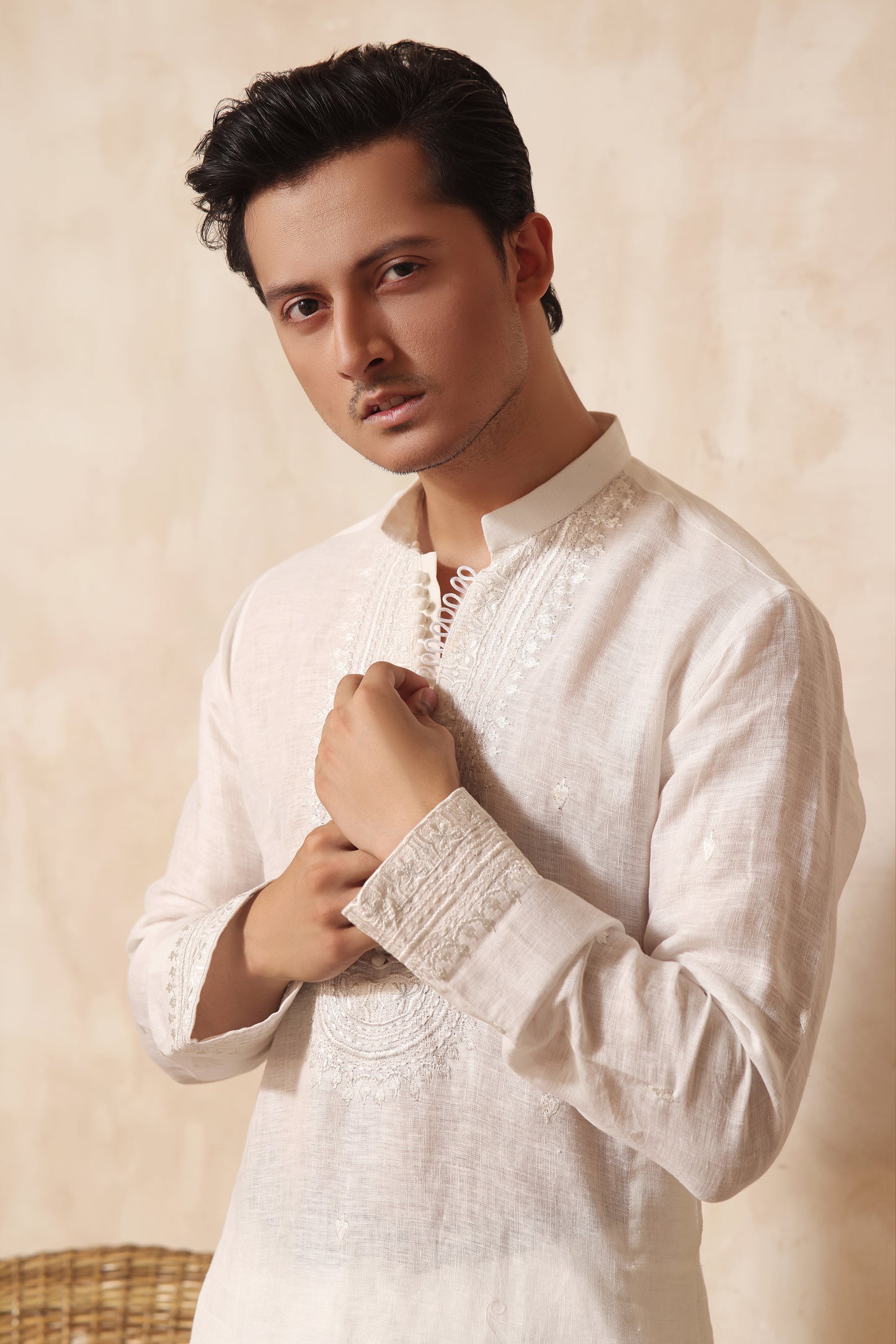 ER KH 656 Off White cotton Irish kurta and pajama set, with heavily embroidered placket and embroidered band collar