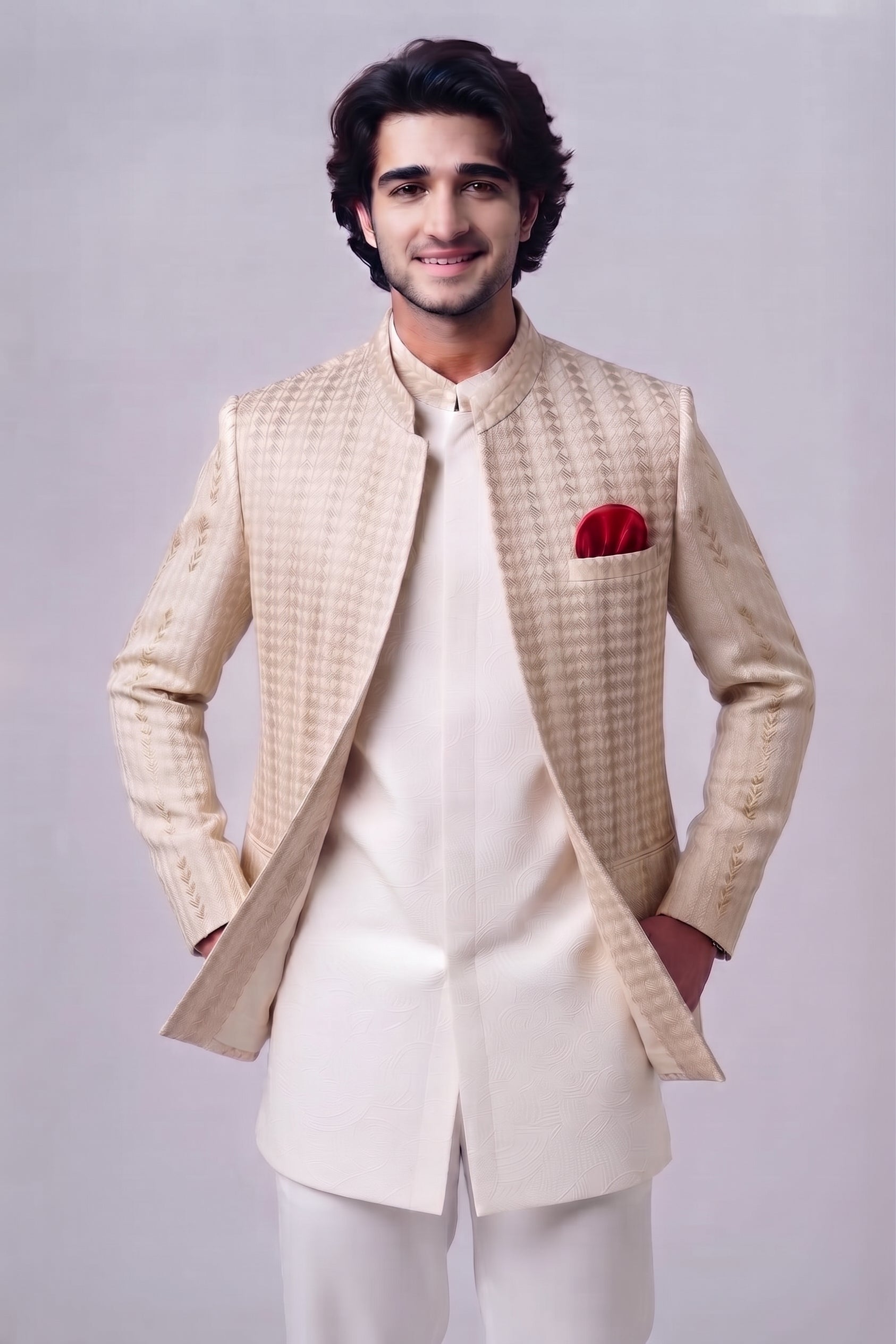 ER 3029 Beige  Embroidered Front Open Prince Coat with Kurta & Trousers Set