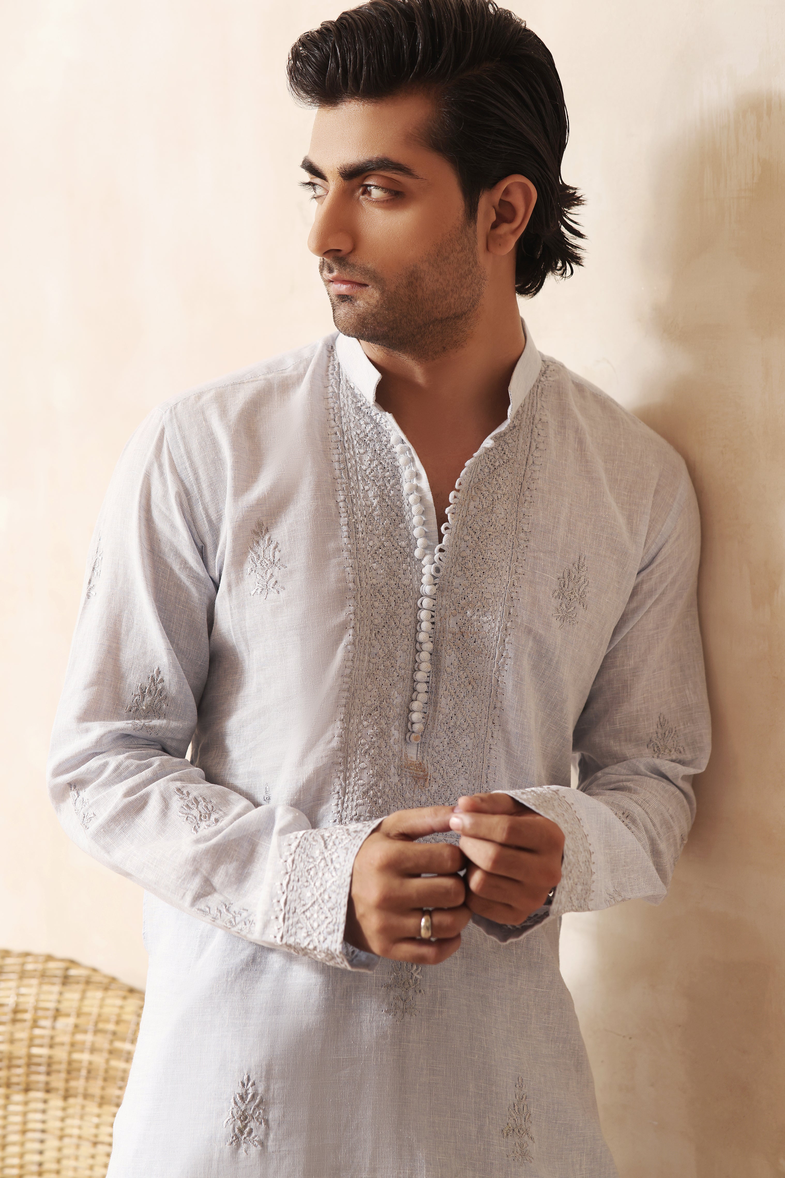 ER KH 659 Sky blue cotton Irish kurta and pajama set, with heavily embroidered placket and embroidered band collar