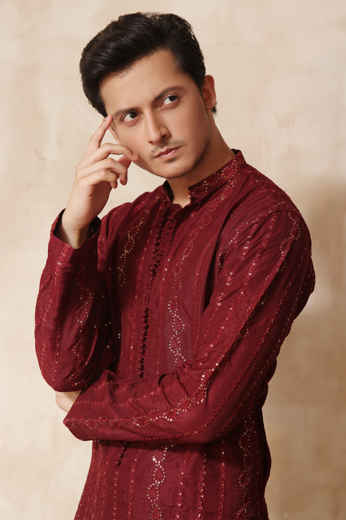 ER KH 655 Maroon Traditional Chikankari Mens kurta With Sequence work