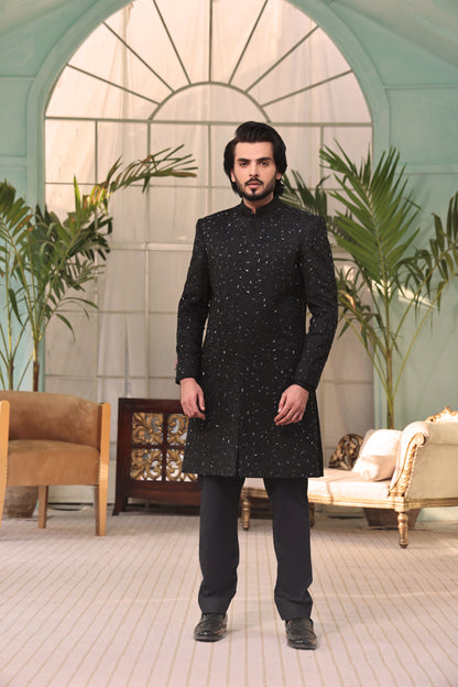 ER SH 110 Black Hand Work Sherwani For Groom