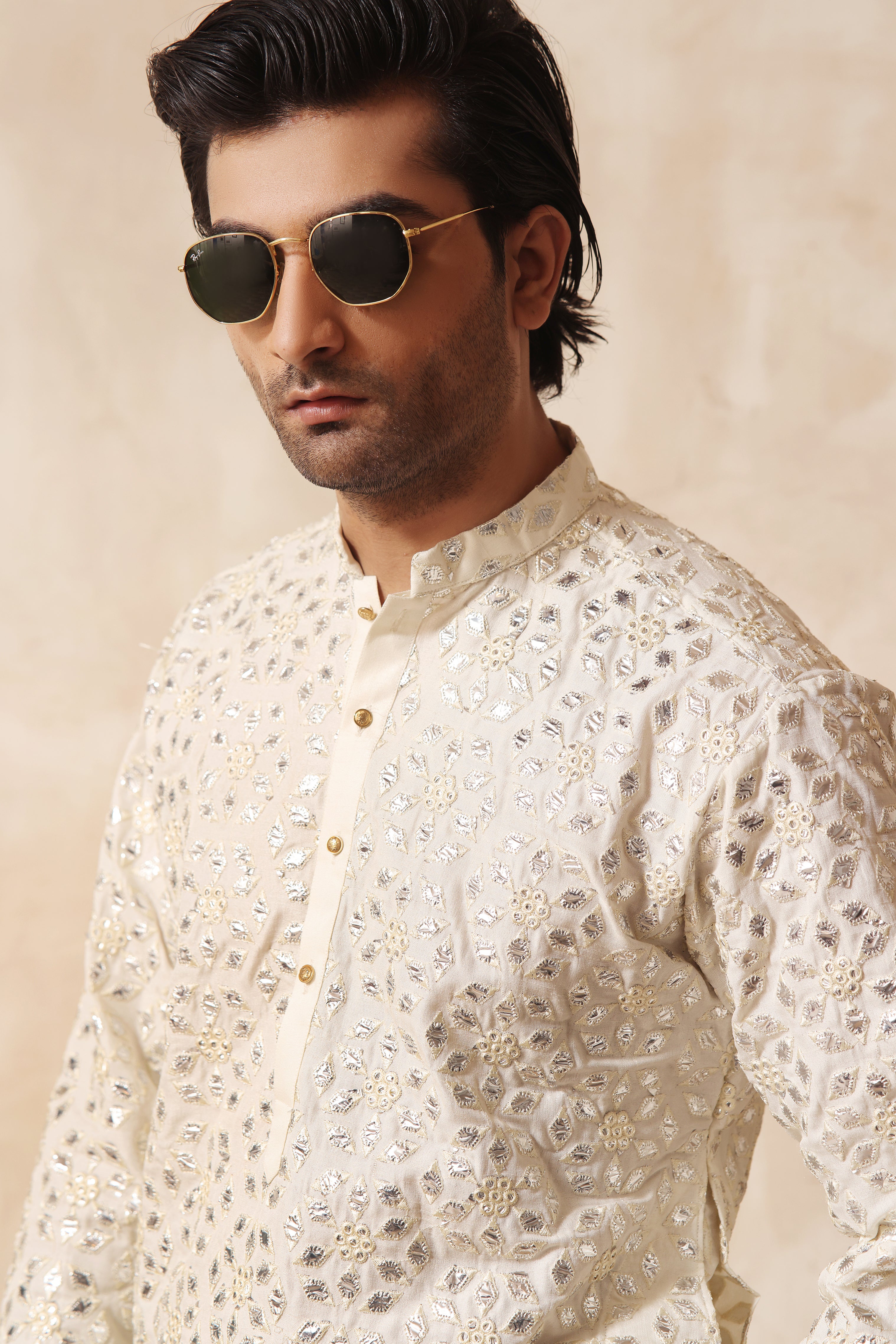ER KH 657 Off White Cotton Silk Resham and Mirror Embroidery Kurta pajama For Men