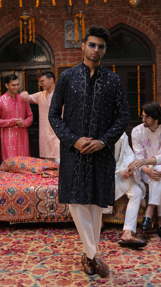 MR 75 Navy Blue Luxury Chanderi Silk Kurta for Men