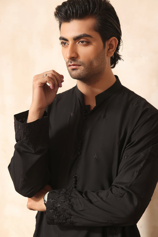 ER KH 660 Black Self Embroidery Resham Work Blended Fabric Kurta Pajama FOr Men