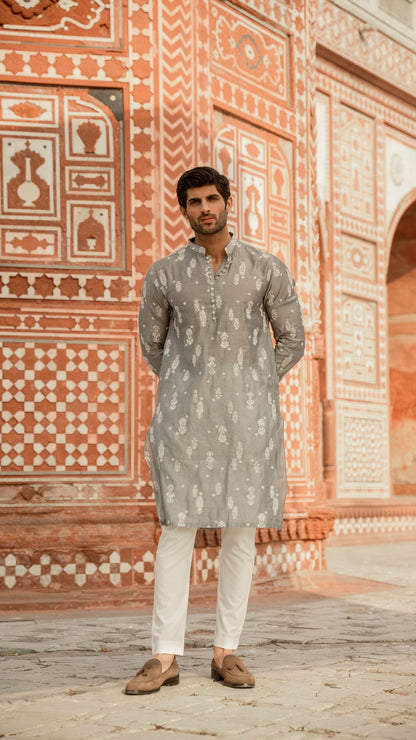 CK 737 Gray Chikankari Kurta With Loop Buttons