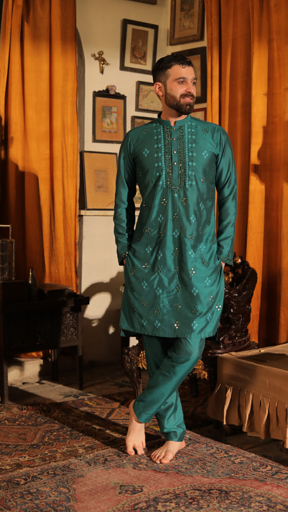 MR 66 Green Mirror Work Kurta For Groom