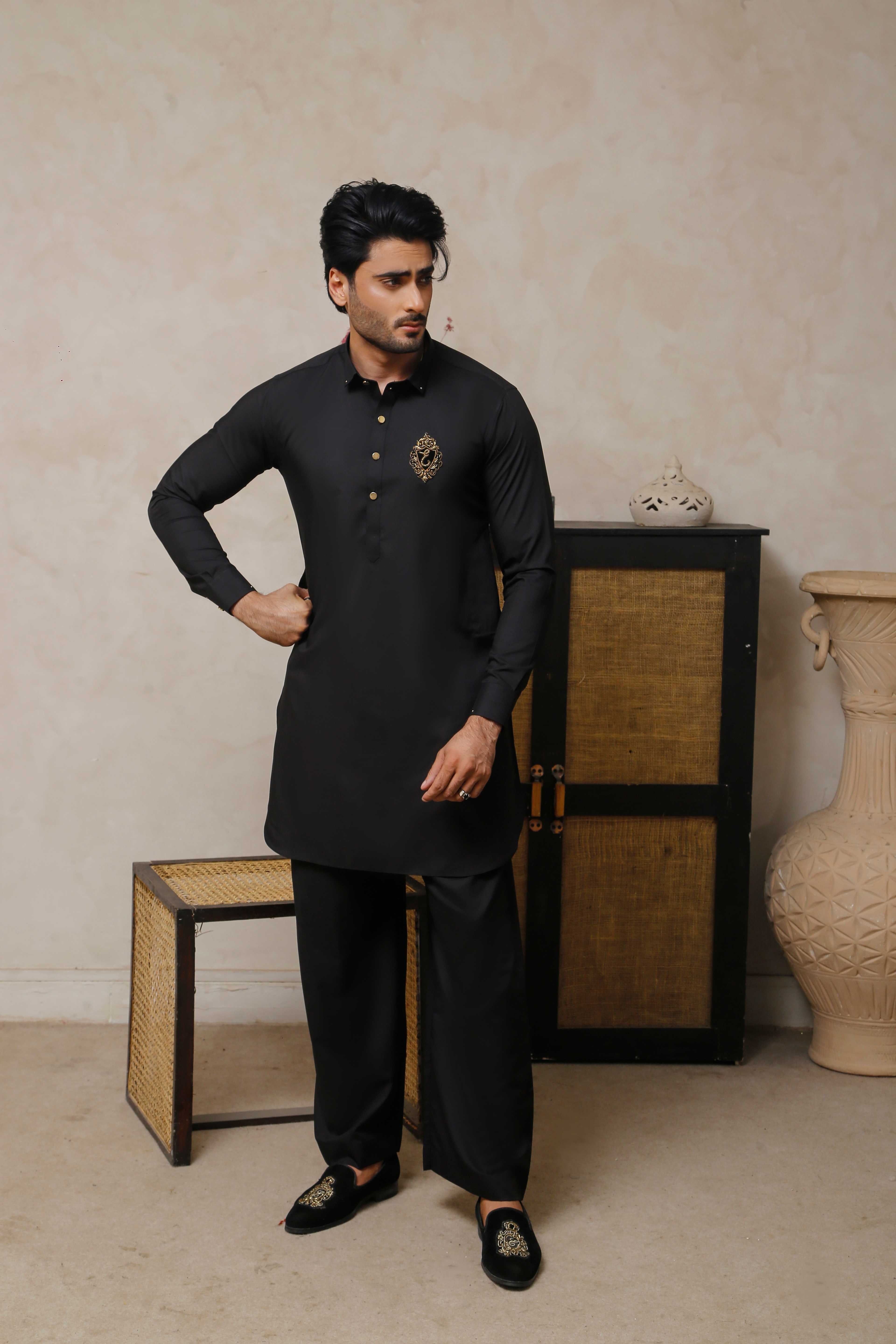 ER 798 Jet Black Executive Shalwar Kameez And WaistCoat