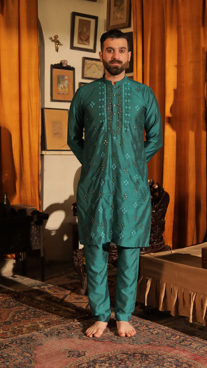 MR 66 Green Mirror Work Kurta For Groom