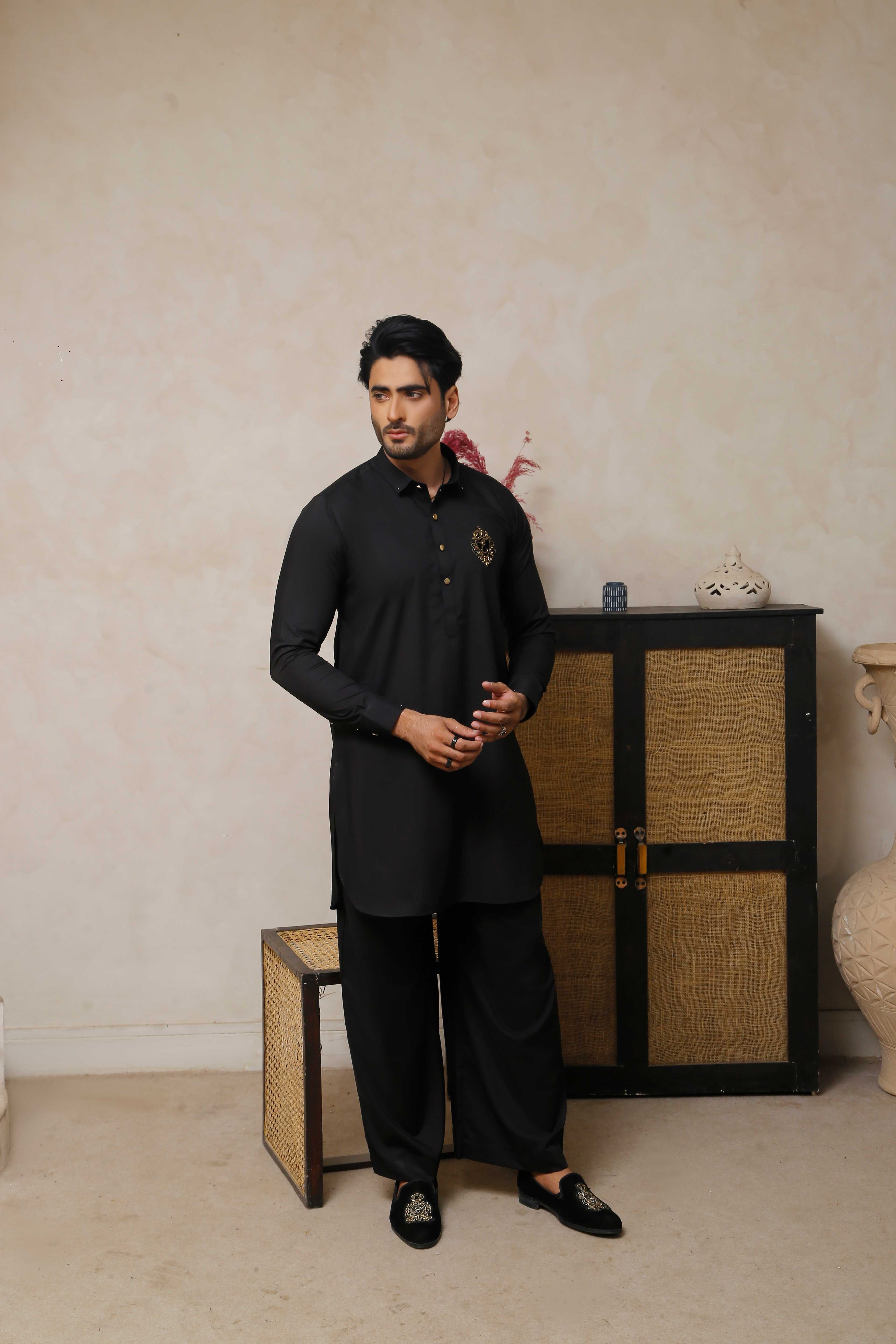 ER 798 Jet Black Executive Shalwar Kameez And WaistCoat