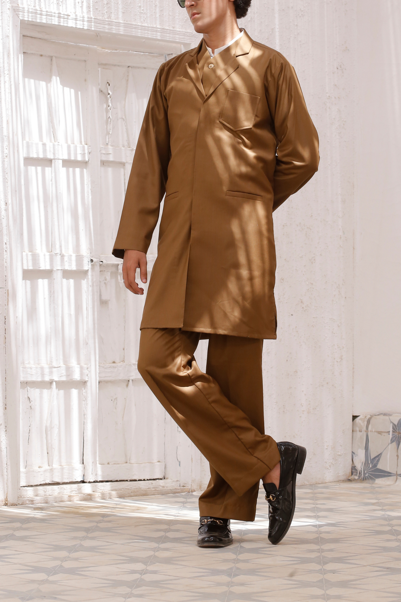 Tan 3-Piece Coord Set – Adjustable Pants, Waistcoat & Front-Open Short Kurta