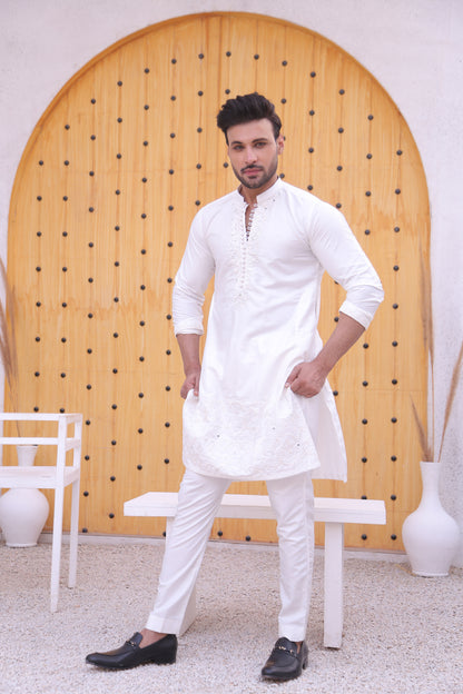 ER MR 39 White Mirror Work Loop Button Kurta Pajama Mirror Work For Men