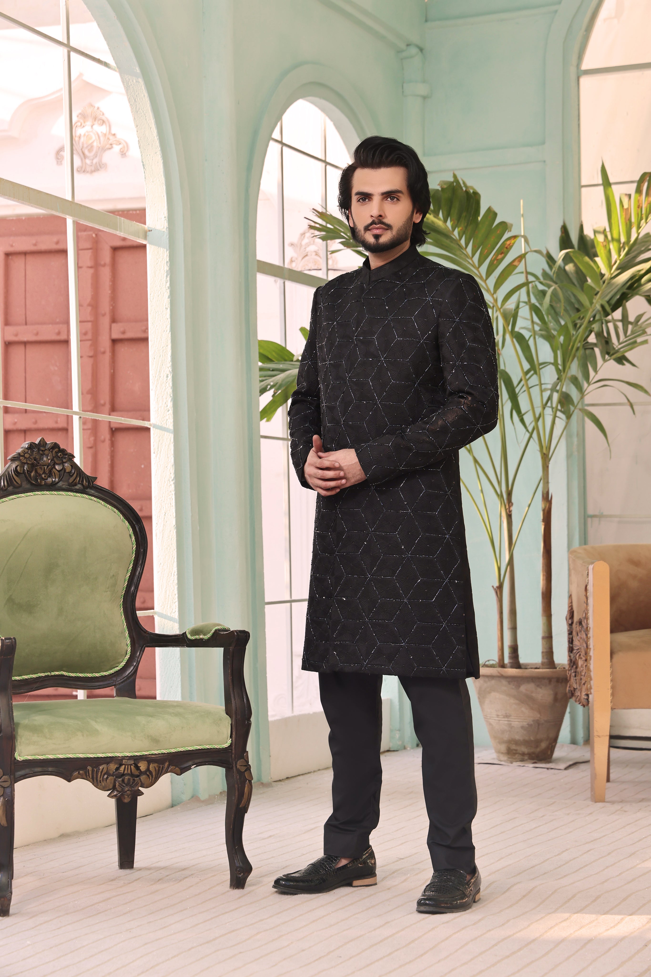 ER SH 105 Black Hand Work Sherwani For Groom