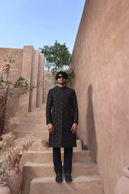 ER SH 101 Black Hand Work Sherwani For Groom