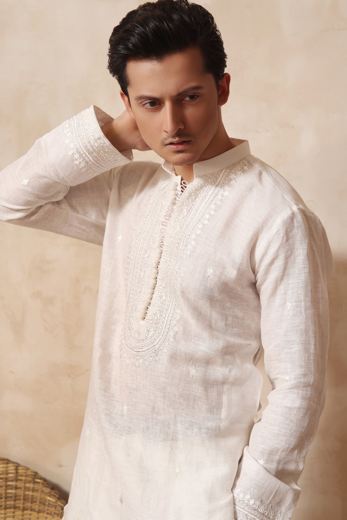 ER KH 656 Off White cotton Irish kurta and pajama set, with heavily embroidered placket and embroidered band collar