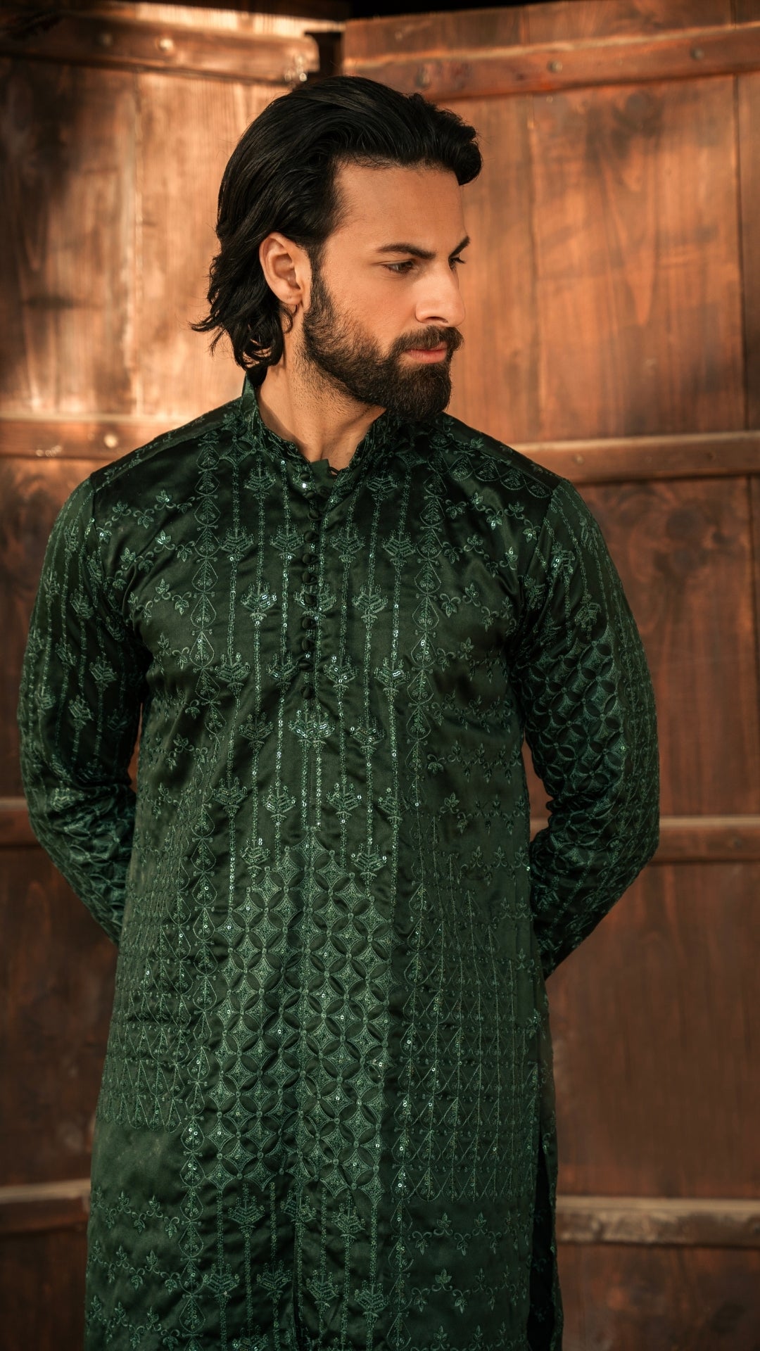 CK 733 Green Front Open Chickenkari Kurta