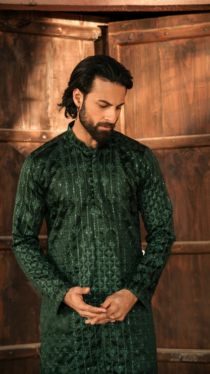 CK 733 Green Front Open Chickenkari Kurta