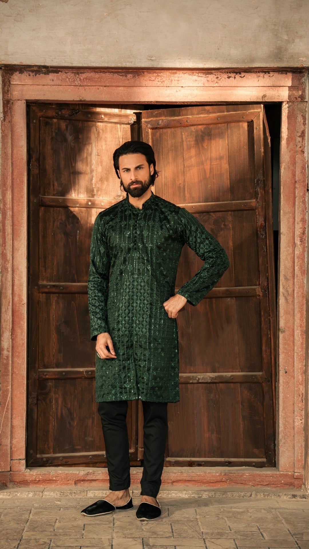 CK 733 Green Front Open Chickenkari Kurta