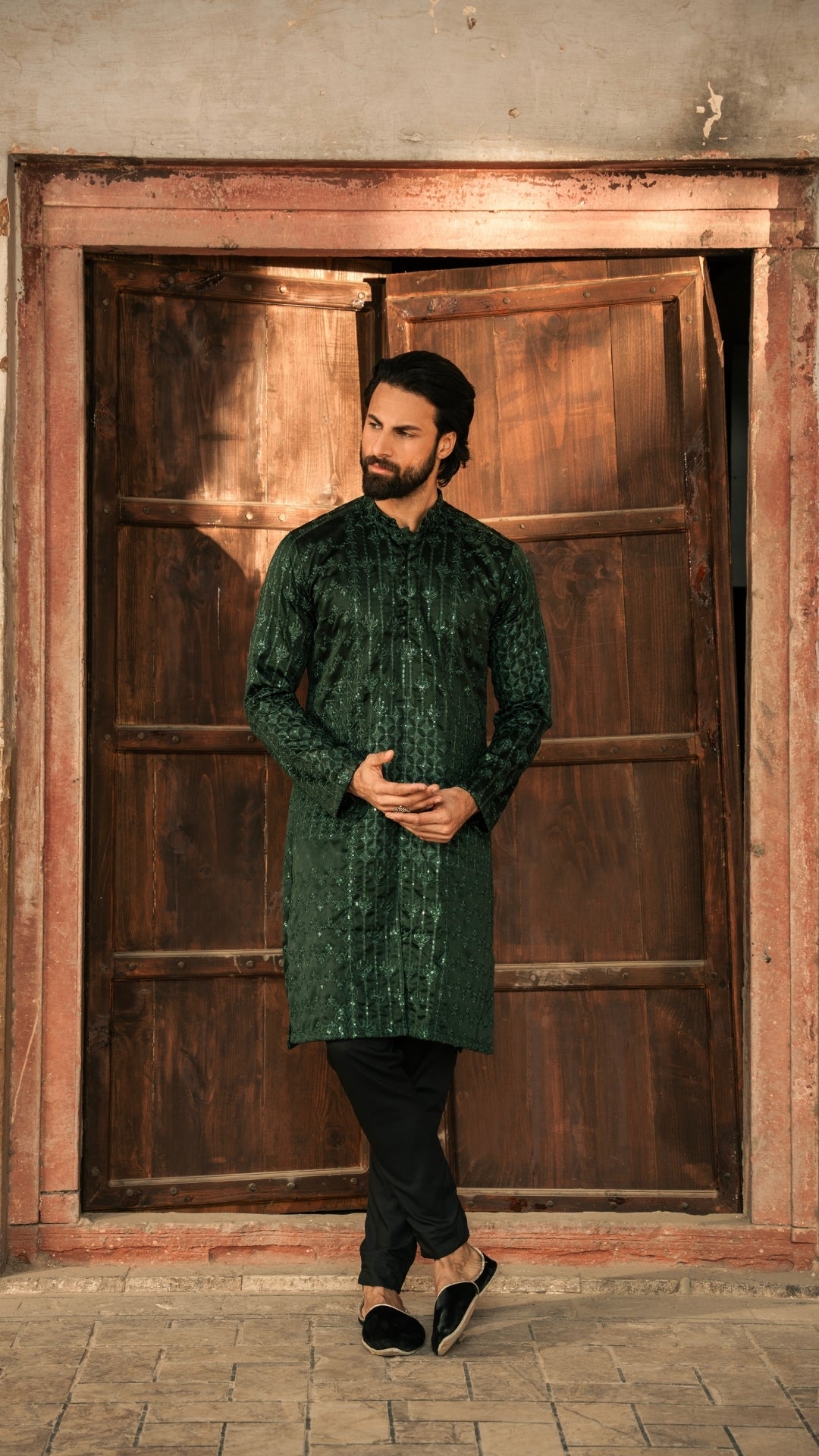 CK 733 Green Front Open Chickenkari Kurta