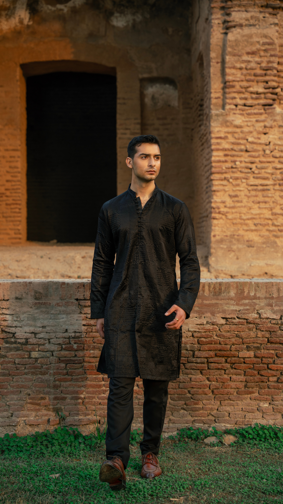 CK 743 Black Front Open Emb Men Kurta