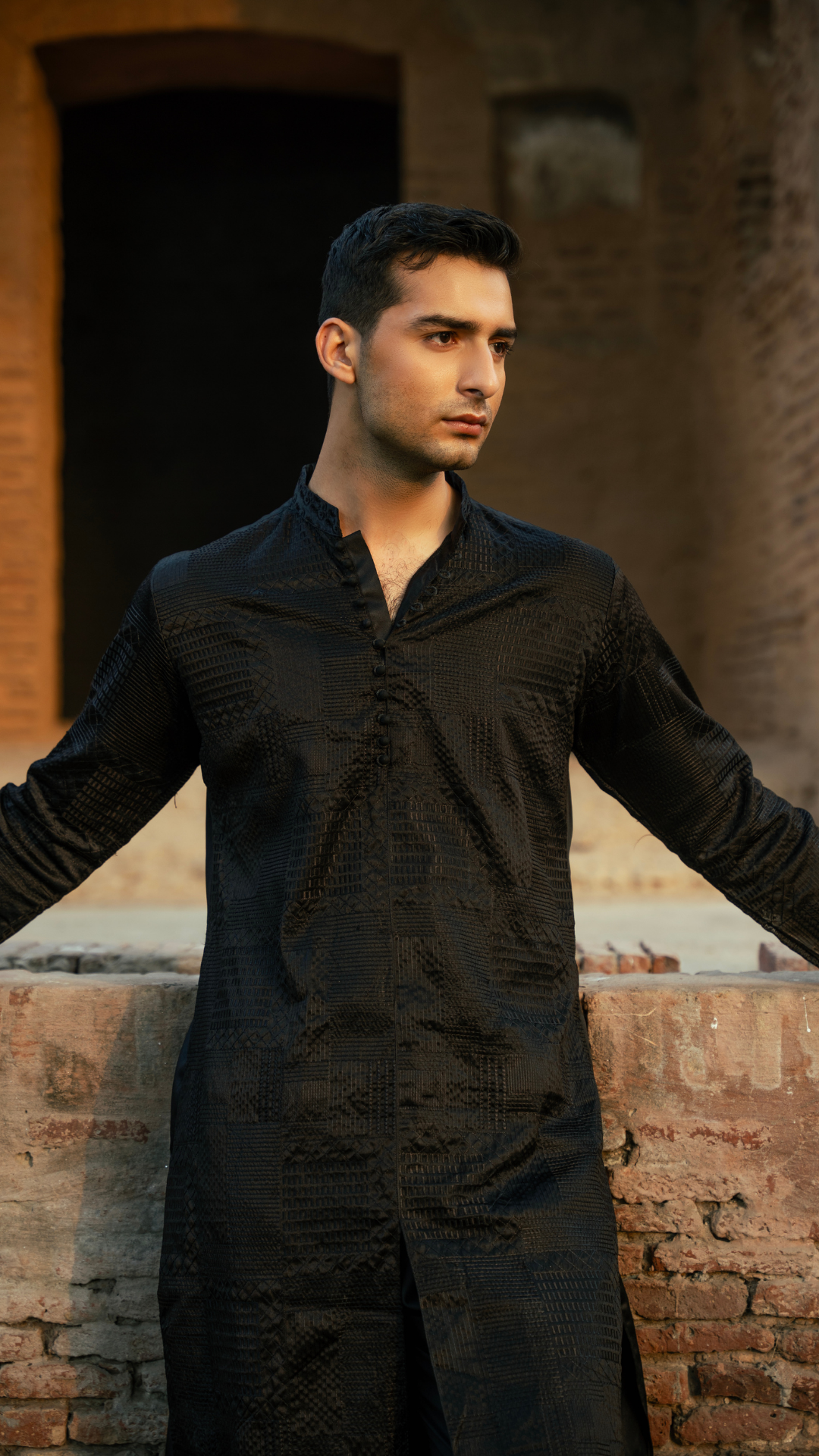 CK 743 Black Front Open Emb Men Kurta