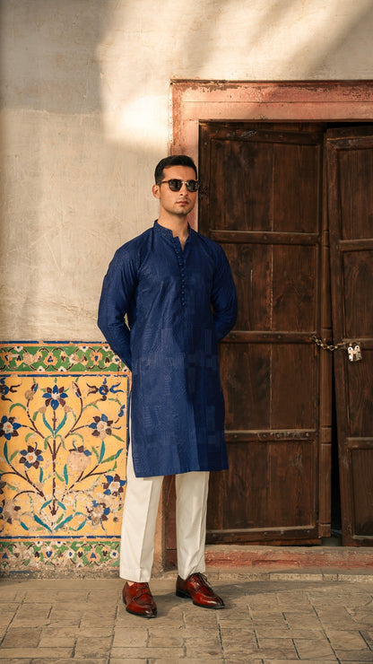 CK 732 Royal Blue Front Open Chickenkari Kurta