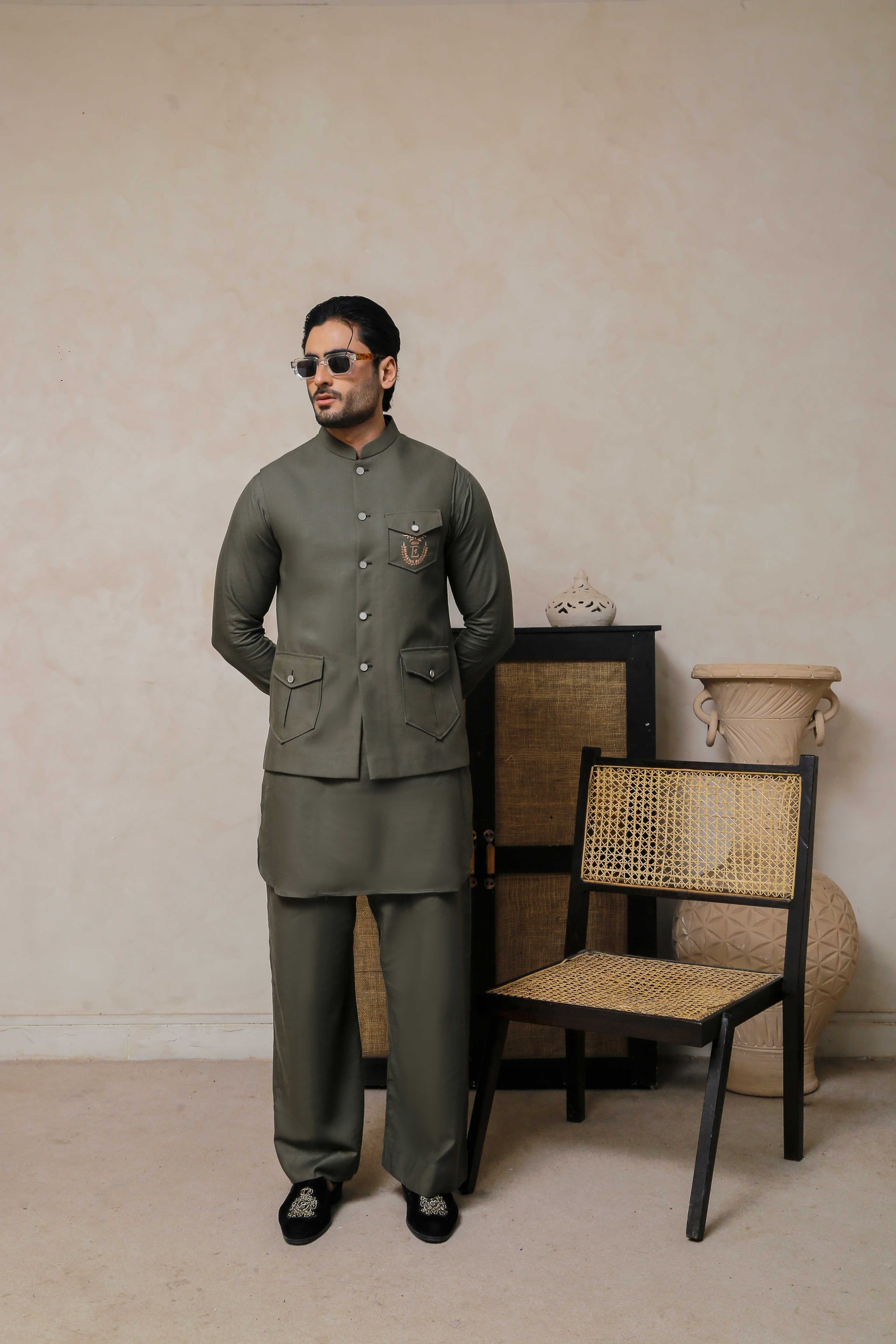 ER 801 Olive Green Kurta With Farshi Pajama